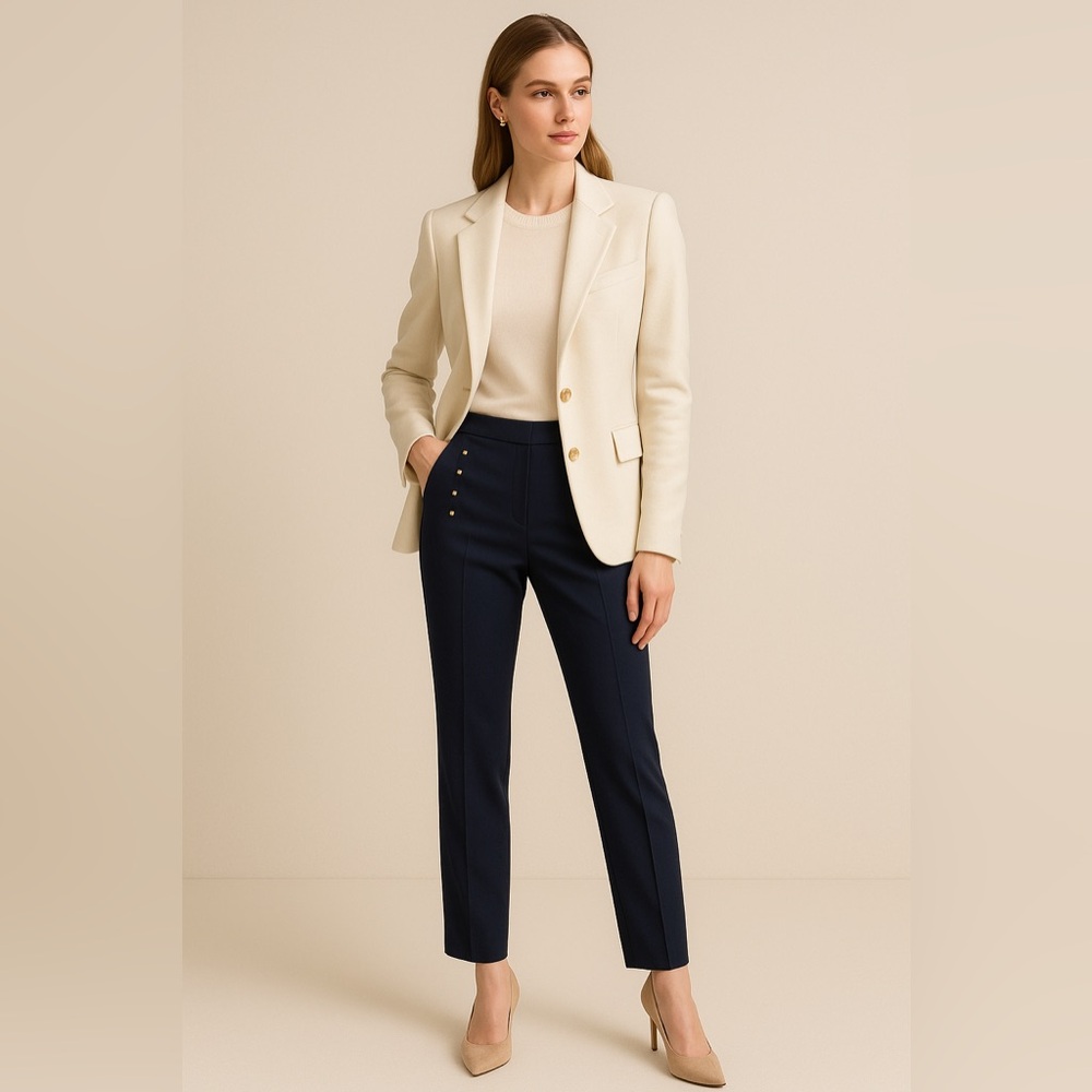 Larry Levine Navy Slim Pants Studded Front Detail Side Zip Faux Pockets Size